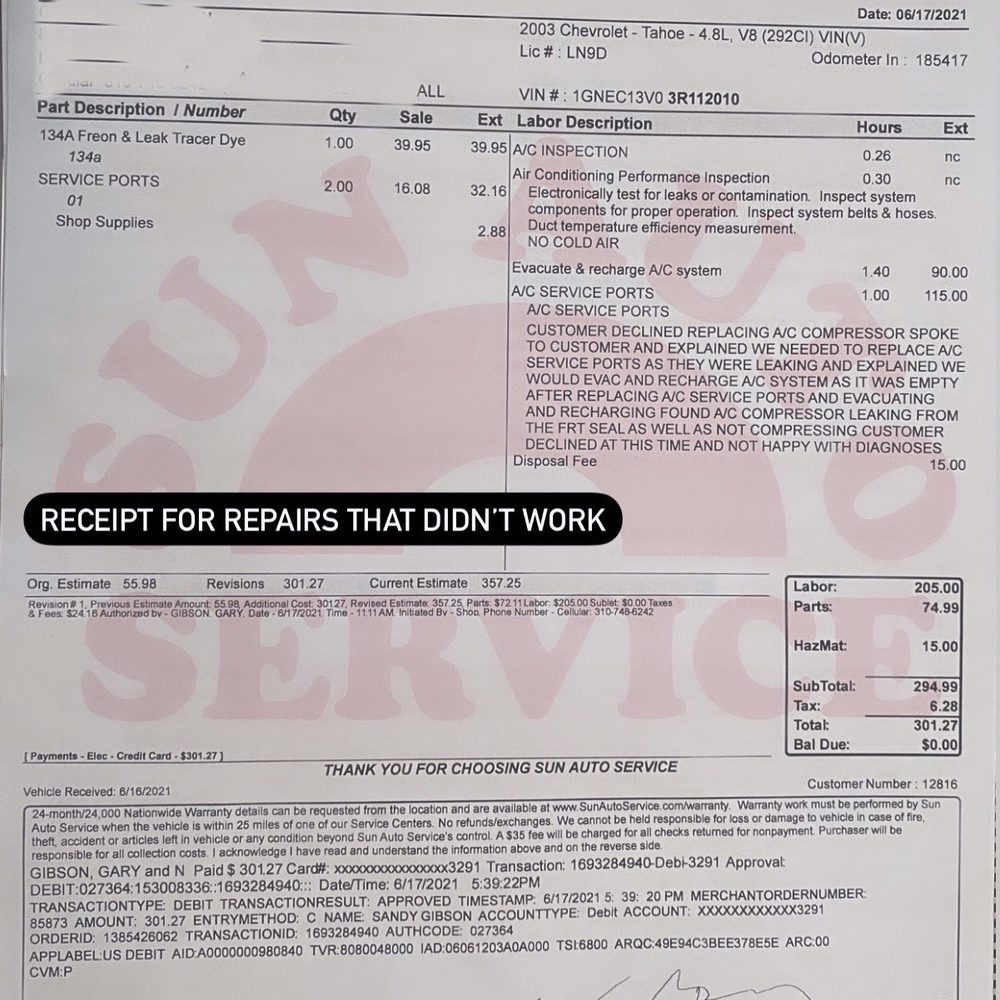 Sun Auto Service - Receipt for repairs that didn't work - Auto Repair Near Me - Las Vegas, Nevada