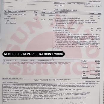 Sun Auto Service - Receipt for repairs that didn't work - Auto Repair Near Me - Las Vegas, Nevada Sun Auto Service - Receipt for repairs that didn't work - Auto Repair Near Me - Las Vegas, Nevada
