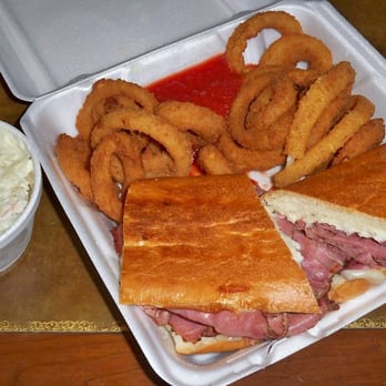 Hungry Hound - Provolone and Pastrami melt with potato salad and onion rings. - American Near Me - Santa Clara, California Hungry Hound - Provolone and Pastrami melt with potato salad and onion rings. - American Near Me - Santa Clara, California