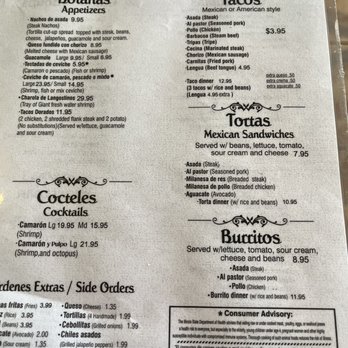 El Tarasco - Menu - Menu from El Tarasco in Chicago listing Mexican dishes such as tacos, tortas, appetizers, and side orders. Items include steak, pork, chicken, and seafood options, with prices and descriptions. The menu features sections for tacos, tortas, cocktails, and side orders, with additional notes on consumer advisory and extra charges for cheese and guacamole. - Mexican Near Me - Chicago, Illinois