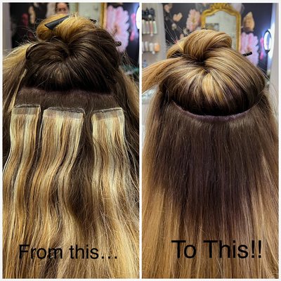 Hair Extension reinstall - This client wanted the flexibility of being able to wear her hair up and not see her extensions. I replaced her tapes (were installed at a different salon) and replaced them with weft extensions. Using the Invisible bead extension method.