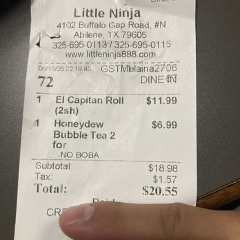 Little Ninja - Receipt - Sushi Bars Near Me - Abilene, Texas