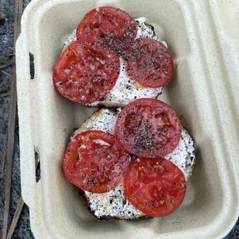 Courage Bagels - Cream cheese and tomatoe. Tomatoes were outrageously flavorful - Bagels Near Me - Los Angeles, California