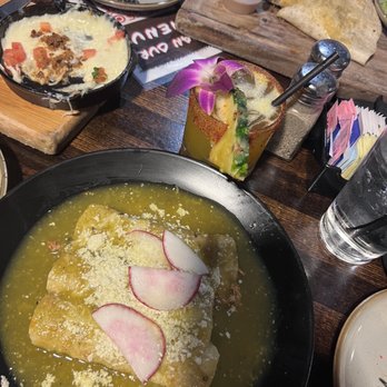 Tostadas - Fundido Appetizer, Asada Quesadilla, Chicken Enchiladas Verde and Pineapple Mango Margarita. - Breakfast & Brunch Near Me - San Jose, California