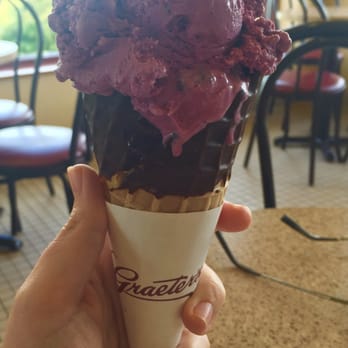 Graeter's Ice Cream - 2 scoops black raspberry chip in a dark chocolate-dipped cone! - Ice Cream & Frozen Yogurt Near Me - West Chester Township, Ohio Graeter's Ice Cream - 2 scoops black raspberry chip in a dark chocolate-dipped cone! - Ice Cream & Frozen Yogurt Near Me - West Chester Township, Ohio