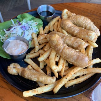 The Switchboard - Fish and chips and da bomb  sauces. Fries were perfect, fish tender and delicious - Hawaiian Near Me - Oceanside, California