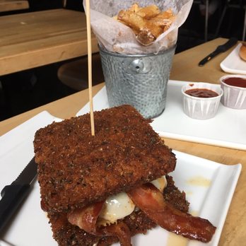 Nosh Kitchen Bar - Mac and stack burger $14 get this!! Unique treat, won't regret the calories! - Sandwiches Near Me - Portland, Maine Nosh Kitchen Bar - Mac and stack burger $14 get this!! Unique treat, won't regret the calories! - Sandwiches Near Me - Portland, Maine