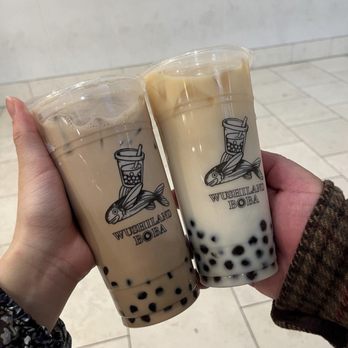 Wushiland Boba - Early Grey Milk Tea w/ Boba (R) and Green Tea Oat Latte w/ Boba (L) - Coffee & Tea Near Me - Arcadia, California Wushiland Boba - Early Grey Milk Tea w/ Boba (R) and Green Tea Oat Latte w/ Boba (L) - Coffee & Tea Near Me - Arcadia, California