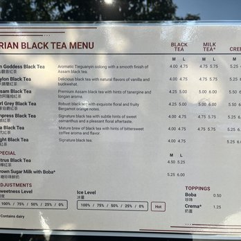 Brian Black Tea - Menu as of 2/2022 - Bubble Tea Near Me - Fremont, California
