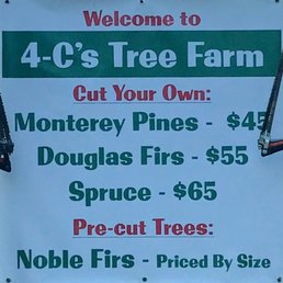 Christmas 2016 Prices. Noble Firs around $80-$100. Base $35. White snow flaking, $50. Transport net, $5.