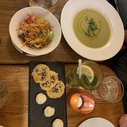 The papaya salad variant, the pea soup, and the "goat dumplings"