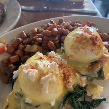 Stacked - Lite Eggs Lite Benedict + Sweet Potato Hash - New American Near Me - Lubbock, Texas