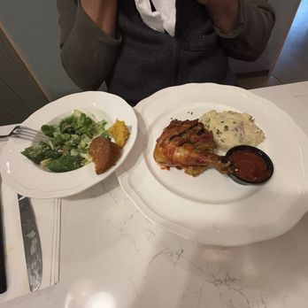 Elliott's - My husband had the Half Grilled BBQ Rotisserie Chicken with mashed potatoes and  side salad - Southern Near Me - Peachtree City, Georgia