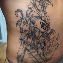 Lucky Hand Tattoos - Blackwork Egyptian Side-Piece by Artist Chris Adams. Instagram: @cdonadams
