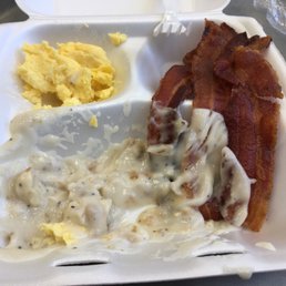 Scrambly eggs, biscuit snd gravy and crispy bacon.  Surprisingly good food in the hospital cafe.
