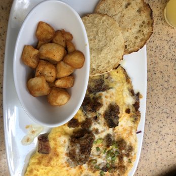 Another Broken Egg Cafe - BacQuezo Omelette with breakfast potatoes and english muffin - Breakfast & Brunch Near Me - Pembroke Pines, Florida Another Broken Egg Cafe - BacQuezo Omelette with breakfast potatoes and english muffin - Breakfast & Brunch Near Me - Pembroke Pines, Florida