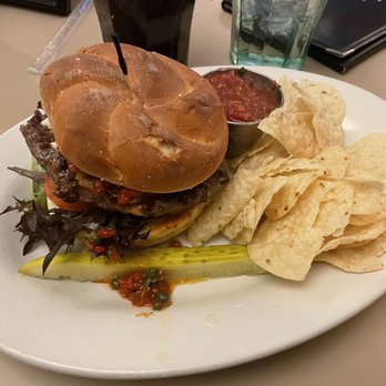 Little Village Cafe - Feta & Roasted Pepper Relish Burger with chips & salsa - Cafes Near Me - Baraboo, Wisconsin