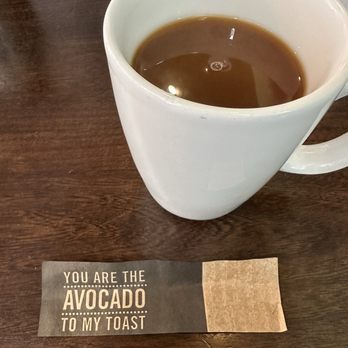 First Watch - Coffee with cute little message around the wrapped utensils - Breakfast & Brunch Near Me - Houston, Texas First Watch - Coffee with cute little message around the wrapped utensils - Breakfast & Brunch Near Me - Houston, Texas