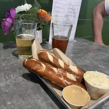 King Cong Brewing - Pretzels, Mexican lager on the right and gorilla beer on the left - Breweries Near Me - Sacramento, California