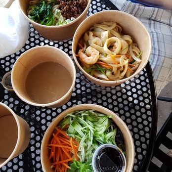 Noodle St - Top-Bottom (price prior to tax) Dan Dan Noodle, $9.25. Shrimp Stir Fry Noodle, $10.75. Veggie Cold Noodle, $8.75. Complementary Soup - Noodles Near Me - Monrovia, California