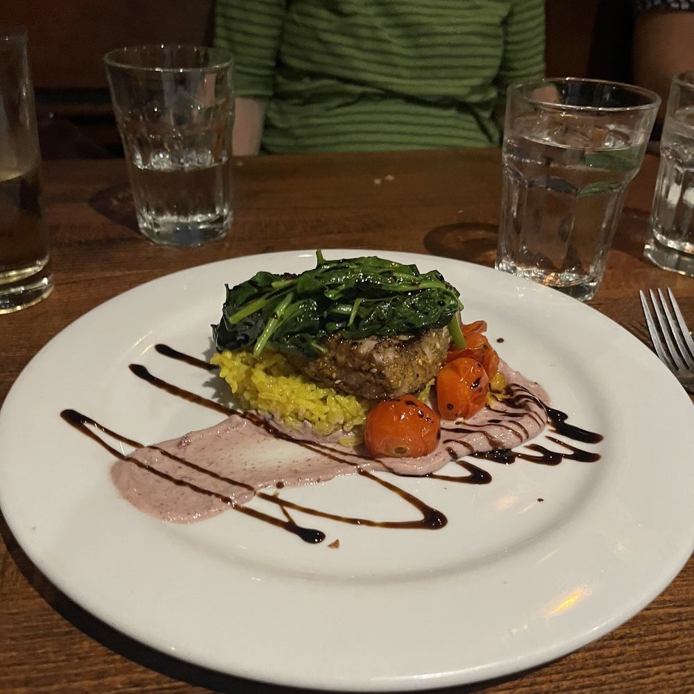 Viera on Main - Dukkah Spiced Tuna With Moroccan Rice Pilaf, Blistered Tomatoes, Sauteed Spinach Roasted Garlic Olive Aioli, Balsamic Glaze - New American Near Me - Chatham, Massachusetts Viera on Main - Dukkah Spiced Tuna With Moroccan Rice Pilaf, Blistered Tomatoes, Sauteed Spinach Roasted Garlic Olive Aioli, Balsamic Glaze - New American Near Me - Chatham, Massachusetts