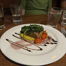 Dukkah Spiced Tuna With Moroccan Rice Pilaf, Blistered Tomatoes, Sauteed Spinach Roasted Garlic Olive Aioli, Balsamic Glaze