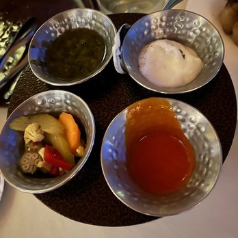 Four Sixes Ranch Steakhouse - Sauces for the table. Waiter never told us what they were, though! - Steakhouses Near Me - Las Vegas, Nevada
