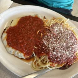 Gaetano's Restaurant - Chicken parmigiana with spaghetti.