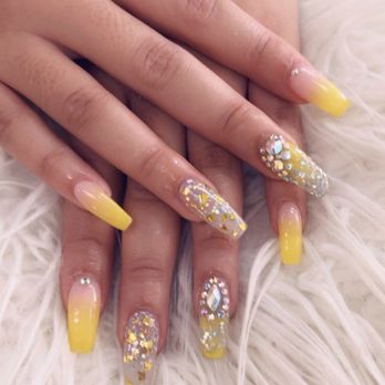 Foxy Nails - Yellow Ombre with diamonds - Nail Salons Near Me - Madison Heights, Virginia