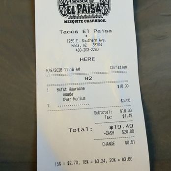 Tacos El Paisa - Receipt - Mexican Near Me - Mesa, Arizona Tacos El Paisa - Receipt - Mexican Near Me - Mesa, Arizona