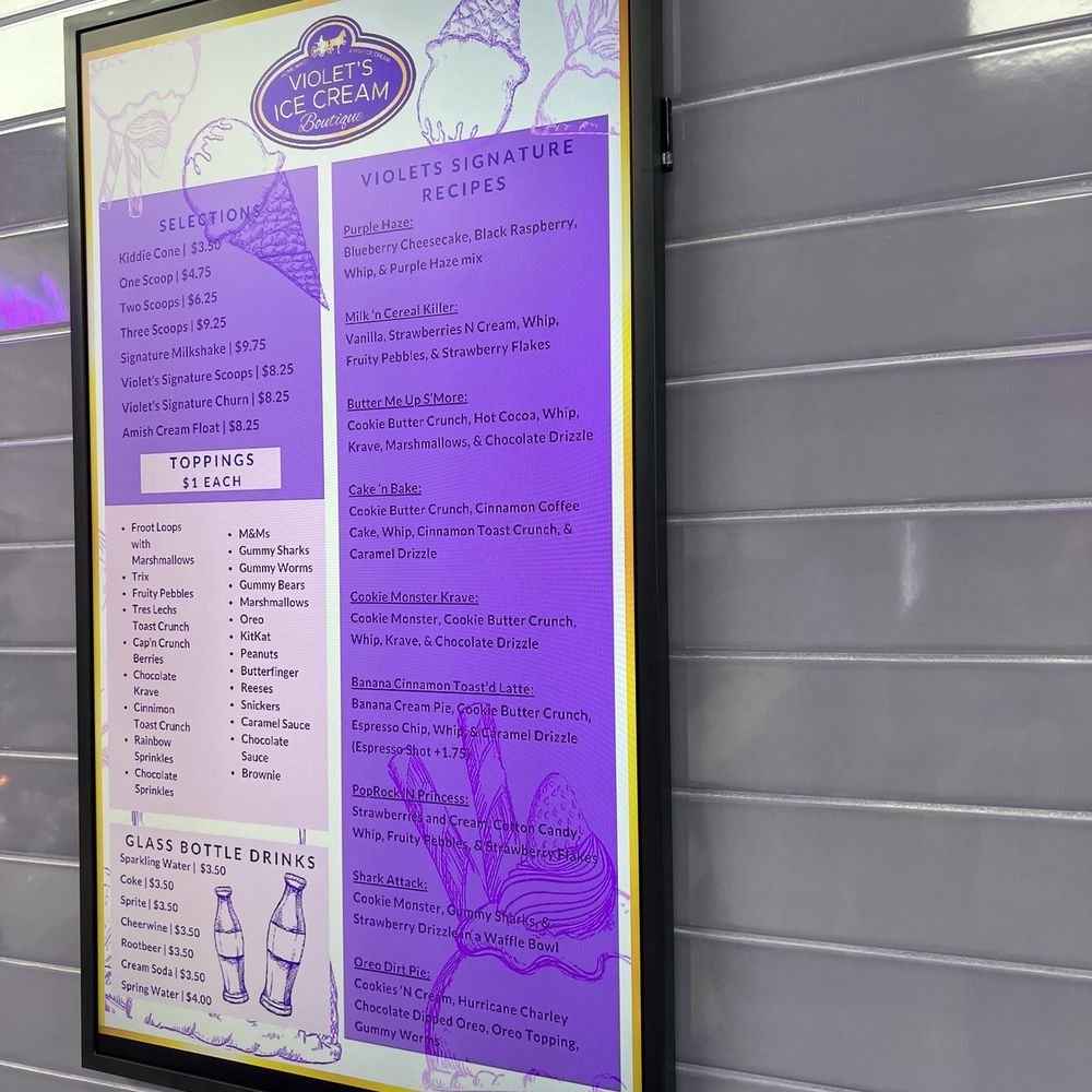 Violets Ice Cream Boutique - a menu on the wall - Ice Cream & Frozen Yogurt Near Me - Oviedo, Florida Violets Ice Cream Boutique - a menu on the wall - Ice Cream & Frozen Yogurt Near Me - Oviedo, Florida