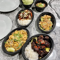 Betelnut Boise - Little Dragon Dumplings, Panang Rice Noodles, Firecracker Chicken, and Chicken Lettuce Cups.