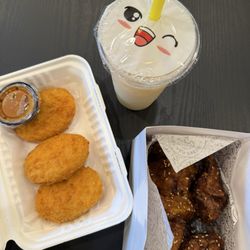 Croquette (3), 10 piece soy garlic wings, mango Milk Tea
