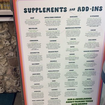 JuiceLand - a menu for supplements and addins - Juice Bars & Smoothies Near Me - Cedar Park, Texas JuiceLand - a menu for supplements and addins - Juice Bars & Smoothies Near Me - Cedar Park, Texas