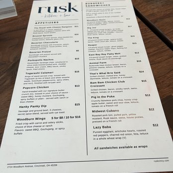Rusk Kitchen & Bar - Great menu! Lots of choices, LOTS of savory dishes that I'd go back for. - Cocktail Bars Near Me - Cincinnati, Ohio