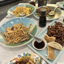 Mamas special rice, chow mein, crispy beef, potstickers