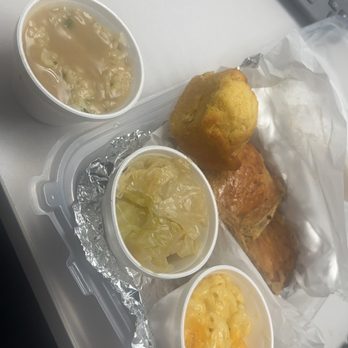 Della J's Delectables - To Go order of Pork Chop Entree with mac and cheese, cabbage, rice and gravy, and cornbread. - Southern Near Me - Alexandria, Virginia