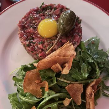 Amelie - Hand Cut Beef Tartare Plate (we asked for gluten free crackers which we ended up liking more than with the baguette) - French Near Me - New York, New York