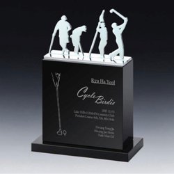 New 2019 Golf Award made with black optical crystal and topped with chrome placed metal golfers