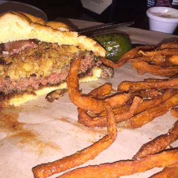 Buttonwood Grill - Guinness burger with grizzled onions, cheddar cheese and bacon. - New American Near Me - Lahaska, Pennsylvania Buttonwood Grill - Guinness burger with grizzled onions, cheddar cheese and bacon. - New American Near Me - Lahaska, Pennsylvania