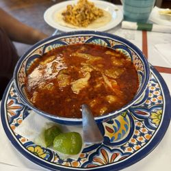 Raizes Mexican Kitchen - Menudo with a chorizo and egg taco in the back