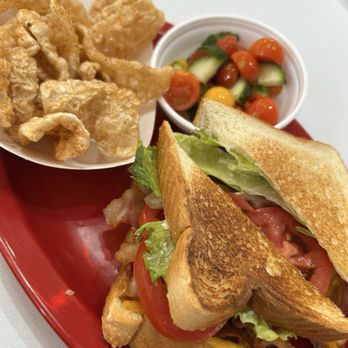 Dan's Diner - BLT, cucumber and tomato salad. And pork rinds. All pretty good. - Diners Near Me - Summerdale, Alabama