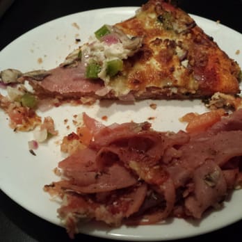 Round Table Pizza - This is the amount of meat found on the "vegetarian" greek pizza. Yes, i had to pick it out piece by piece. - Pizza Near Me - Richmond, British Columbia