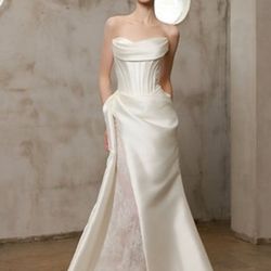 Bridal Gown Studio - Strapless ruching bodice with high lace slit details