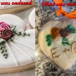 Wedding cookies on right ended up being thrown away. They were so awful it was embarrassing to let guests even see them. Wedding cookies on right ended up being thrown away. They were so awful it was embarrassing to let guests even see them.