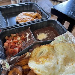Egg, plantain, beans, a side of pico de gallo and a cheese & pork pupusa. I saved the other two pupusas for my boyfriend :)