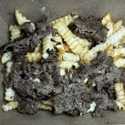 Pardon My Cheesesteak - Loaded cheese steak fries. No onions as requested, $11.98. All the cheese is on the bottom though.