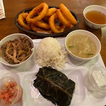 Tanaka Saimin - Hawaiian plate kalua, laulau, lomi, chix long rice, haupia, and beer battered onion rings - Japanese Near Me - Honolulu, Hawaii