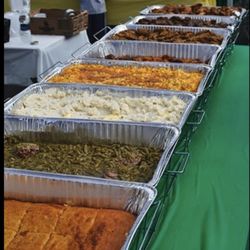 Tiff's Soul Food - Catering: cornbread, green beans with turkey neck, mashed potatoes, baked mac, yams, and wings