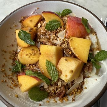 Josephine House - Greek Yogurt with Granola, Fruit, Fresh Mint, Honey and Bee Pollen - American Near Me - Austin, Texas Josephine House - Greek Yogurt with Granola, Fruit, Fresh Mint, Honey and Bee Pollen - American Near Me - Austin, Texas